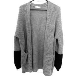 Grey cardigan.
